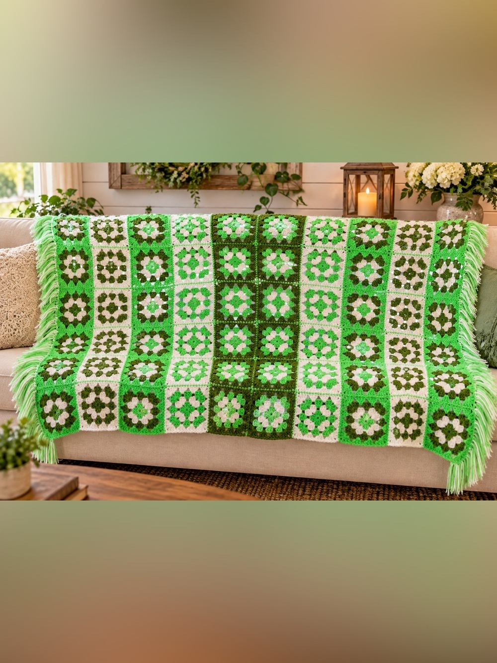 Vintage Granny Square Crochet Throw Blanket β Green & Cream Fringe 30.5β x 64β